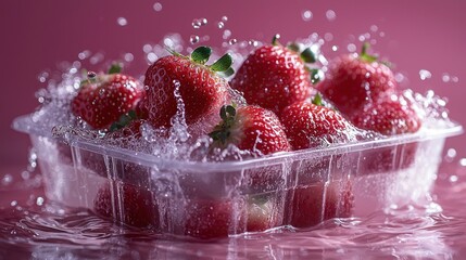 Fresh strawberries in a plastic container, water splashing