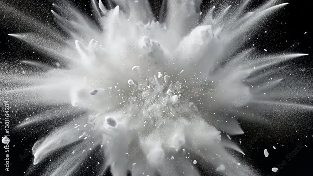 Poster powder explosion abstract: a dynamic burst of white powder explodes outwards against a dark backgrou