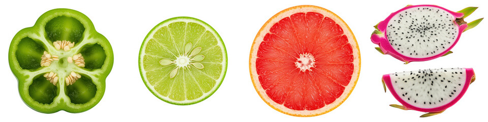Crosssections of vibrant dragon fruit, grapefruit, lime and green pepper.