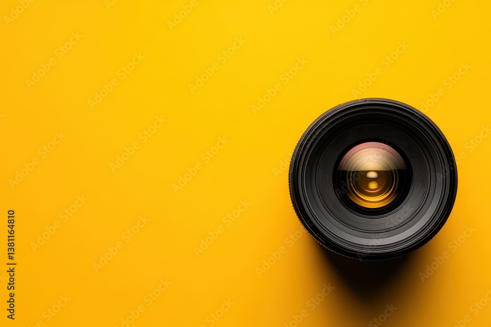 Poster camera lens placed on a vibrant yellow background emphasizing simplicity and clarity in design graph