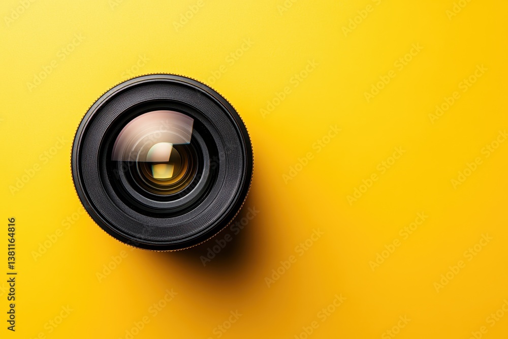 Poster camera lens placed on a vibrant yellow background emphasizing simplicity and clarity in design graph