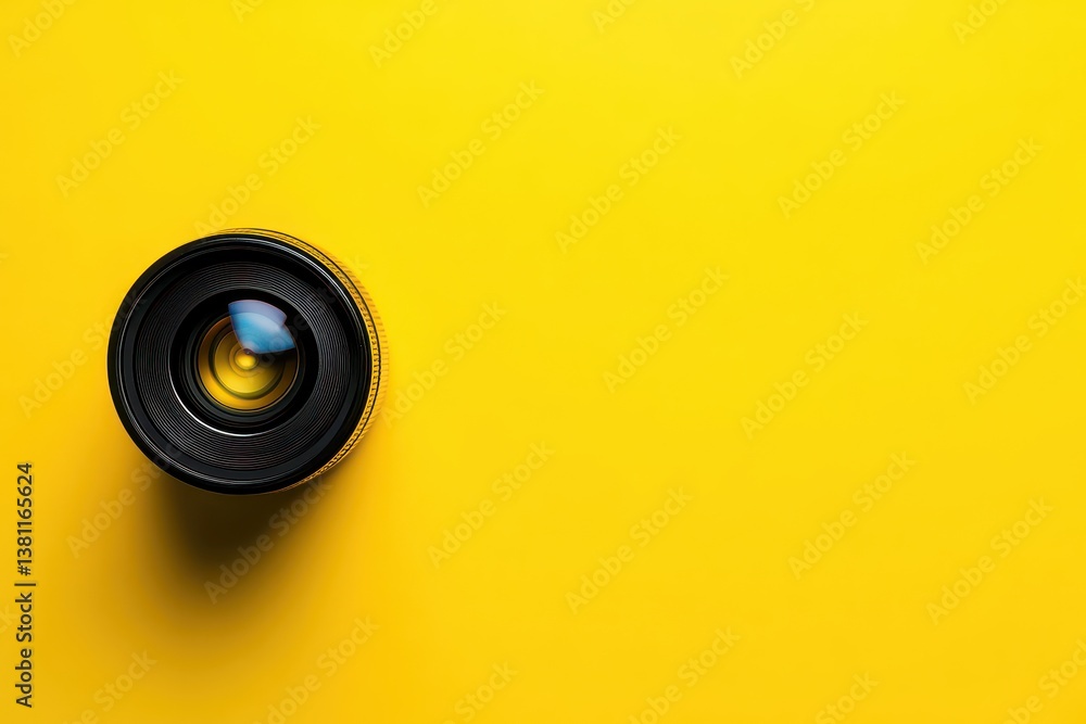 Poster camera lens placed on a vibrant yellow background emphasizing simplicity and clarity in design graph