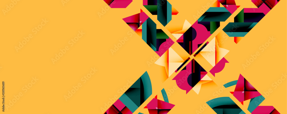 Poster Abstract geometric shapes, vibrant colors, dynamic composition. Overlapping forms create visual interest, modern design, bright aesthetic.