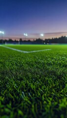 Evening soccer field, artificial turf, illuminated lights, quiet scene