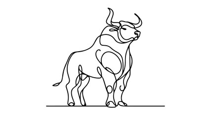 minimalist continuous one line drawing illustration of a realistic standing full body bull using one continuous line on a white background
