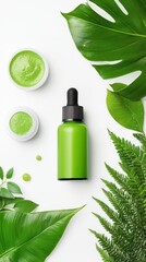 Green Skincare Products Surrounded by Fresh Green Leaves and Plants