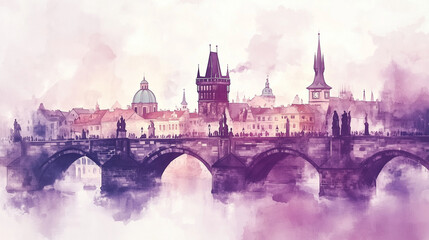 Fototapeta premium Romantic watercolor painting, view on charles bridge in praque with Old Town Bridge Tower. world famous Charles bridge in the capital city of the Czech republic.