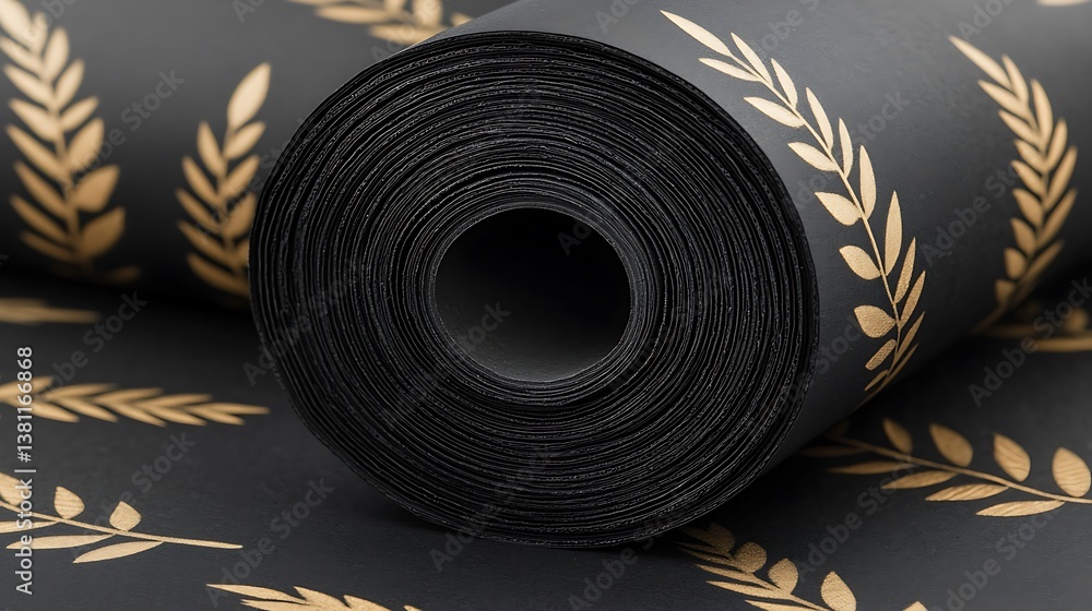 Poster elegant roll of dark textured material with golden leaf pattern, showcasing sophisticated design and