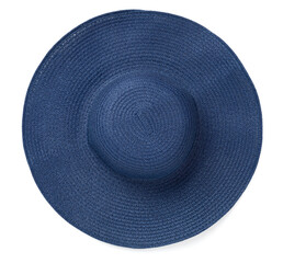 Blue straw hat isolated on white, top view