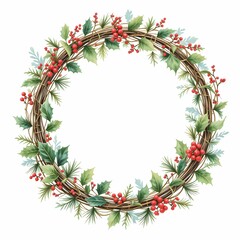 Christmas Wreath Watercolor Design, Elegant watercolor Christmas wreath with berries and pine.