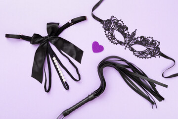 Set of erotic BDSM accessories on color background, top view