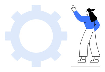 Woman pointing at large gear symbolizing collaboration, efficiency, and solutions. Ideal for teamwork, innovation, technology, leadership, planning automation operations. Flat simple metaphor