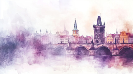 Romantic watercolor painting, view on charles bridge in praque with Old Town Bridge Tower. world famous Charles bridge in the capital city of the Czech republic.