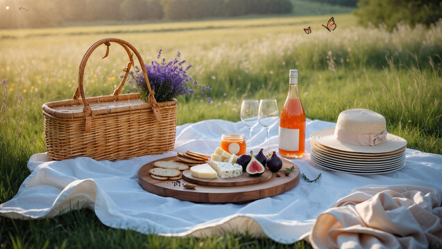 Summer picnic setup with wine and cheese on a grassy background  