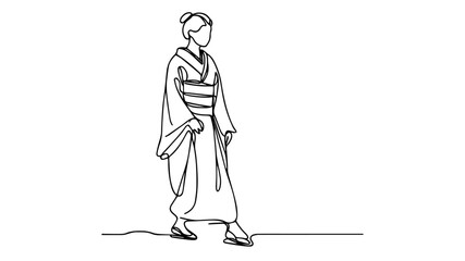 minimalist continuous one line drawing illustration of a realistic standing full body Japanese woman in a traditional outfit using one continuous line on a white background5