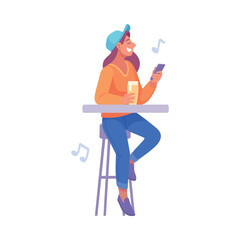 A Casual Young Woman in a Relaxed Atmosphere Enjoying Music at a Trendy Bar Setting