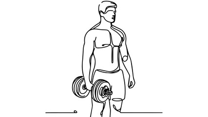 minimalist continuous one line drawing illustration of a realistic standing full body man lifting dumbbell using one continuous line on a white background