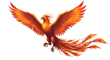 Obraz premium Fiery Bird Flying with Wings Spread and Long Feathered Tail