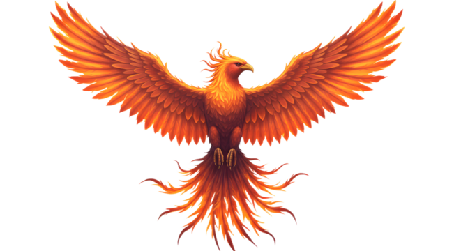 Flying Bird with Fiery Orange Plumage Against White Background