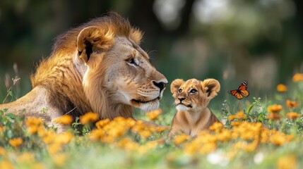 Naklejka premium Lion and cub gaze at butterfly in a field of orange flowers