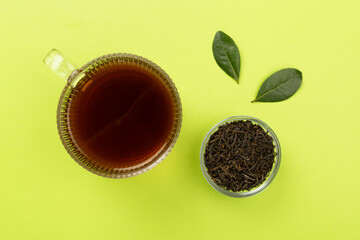 Cup of tea with dry and fresh leaves on color background, top view