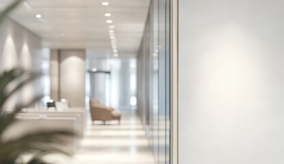 Modern office hallway, empty wall, blurred background, mockup