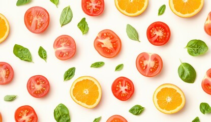 Colorful Flat Lay of Tomatoes Oranges and Basil on White