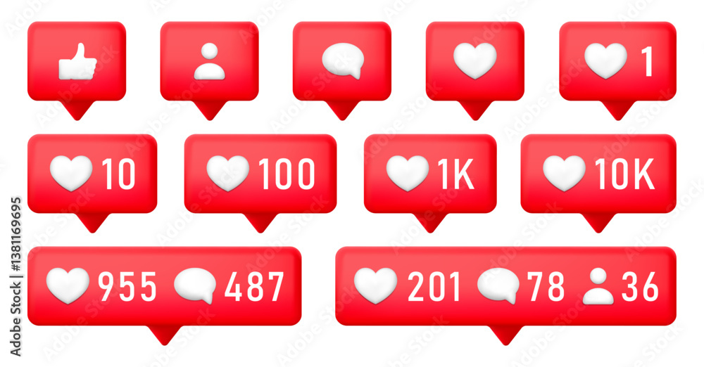 Wall mural set of vector icons for notifications in social network about a new like, comment, follower.