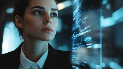 focused businesswoman analyzing data on transparent digital screen, showcasing modern and innovative workspace. Her expression reflects determination and insight