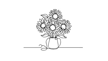 sunflower bouquet in a pot using one continuous line on a white background