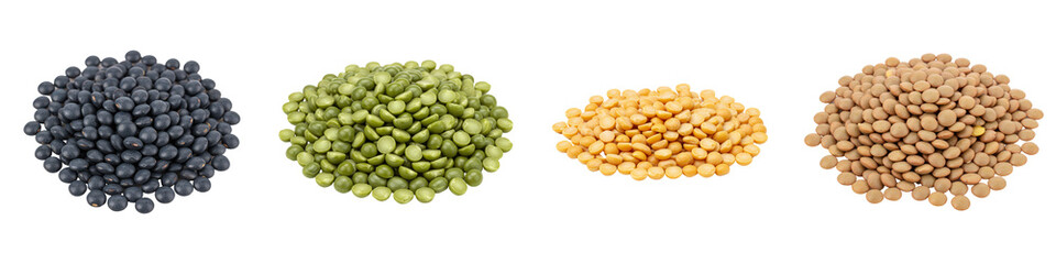 Black, green, yellow, and brown lentils.