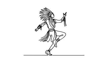 indian tribal chief dancing minimalist continuous one line drawing illustration
