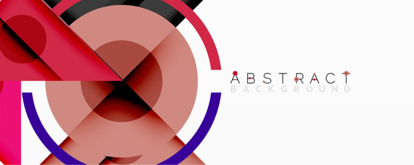 Obraz premium Abstract shapes, circles, lines create dynamic composition. Red, purple, black colors dominate white space. Modern design element.