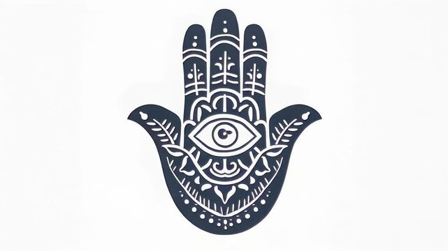Hamsa hand of Fatima symbolizing protection and luck, floating across white background with repeating ornamental pattern and graphic design elements