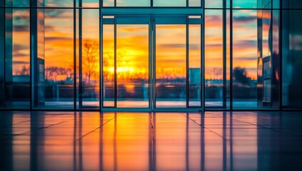 Modern glass doors open to a vibrant sunset