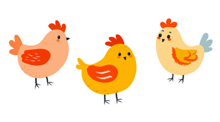 Flat vector characters of chicks, hen, and rooster for Easter, cute and festive design.
