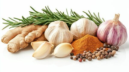 Colorful spices, ginger, garlic, and rosemary on a white background --ar 16:9 