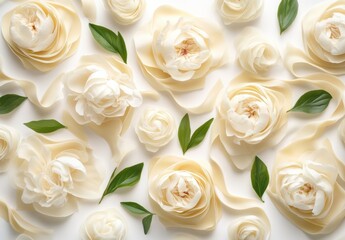 Creamy White Peonies and Green Leaves Flat Lay