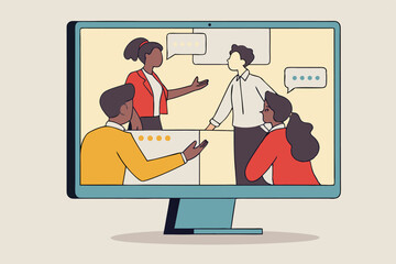 Online discussion board, group chat or video focused group meeting, online conference talking, team chat or technology for team conversation concept, business people chatting dialogue in computer.