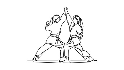 minimalist continuous one line drawing illustration of two girls practicing judo