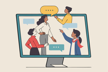 Online discussion board, group chat or video focused group meeting, online conference talking, team chat or technology for team conversation concept, business people chatting dialogue in computer.