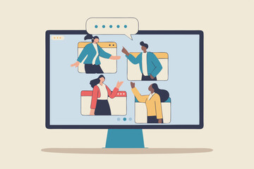 Online discussion board, group chat or video focused group meeting, online conference talking, team chat or technology for team conversation concept, business people chatting dialogue in computer.