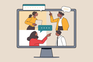 Online discussion board, group chat or video focused group meeting, online conference talking, team chat or technology for team conversation concept, business people chatting dialogue in computer.