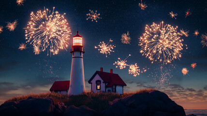 Rhode Island lighthouse illuminated by fireworks during an Independence Day celebration