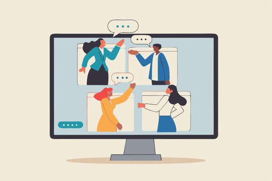 Online discussion board, group chat or video focused group meeting, online conference talking, team chat or technology for team conversation concept, business people chatting dialogue in computer.