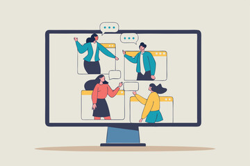 Online discussion board, group chat or video focused group meeting, online conference talking, team chat or technology for team conversation concept, business people chatting dialogue in computer.