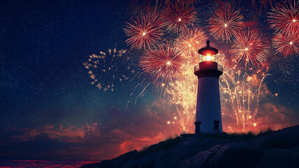 Rhode Island lighthouse illuminated by fireworks during an Independence Day celebration