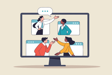 Online discussion board, group chat or video focused group meeting, online conference talking, team chat or technology for team conversation concept, business people chatting dialogue in computer.