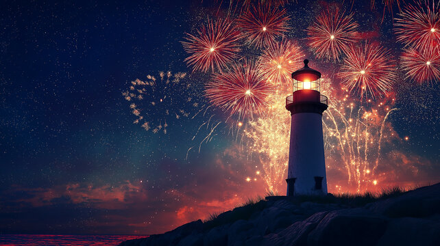 Rhode Island lighthouse illuminated by fireworks during an Independence Day celebration