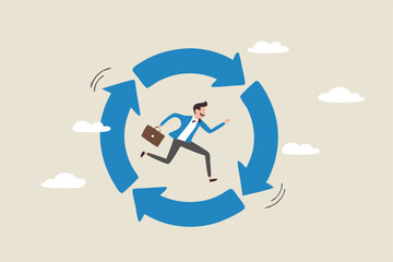 Working habit, life cycle or daily routine behavior, agile development, discipline or working efficiency, procedure or process to success concept, businessman running on habit circle arrow diagram.